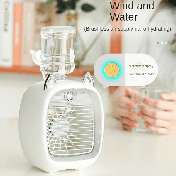 Brushless Nano-Spray Portable Fan with 3 Speeds, Refillable Tank & Multi-Power Supply – Cat-Ear Design, Dual Spray Modes