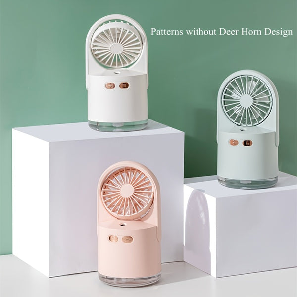 Cute Deer-Shaped Mini Fan & Humidifier with Night Light – 240ml Tank, 60° Adjustment & Nano Spray Tech